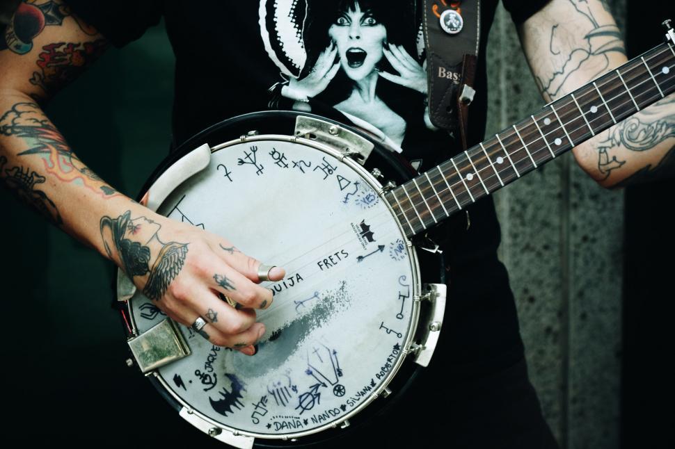 Free Image of Close-up of a banjo with unique designs 