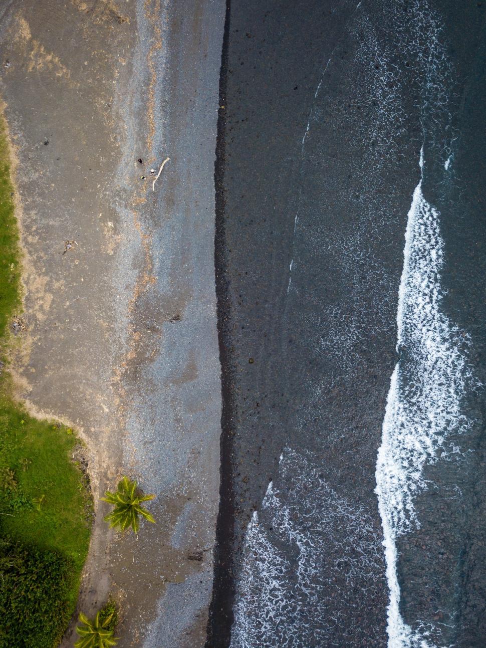 Free Image of Aerial view of seaside with greenery and waves 