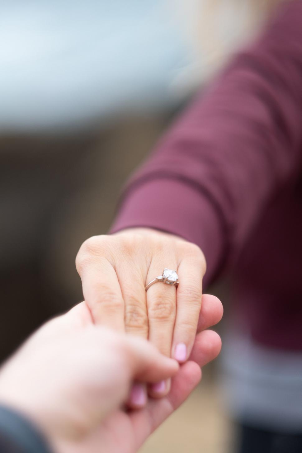 Free Image of Hand displaying an engagement ring in a proposal gesture 
