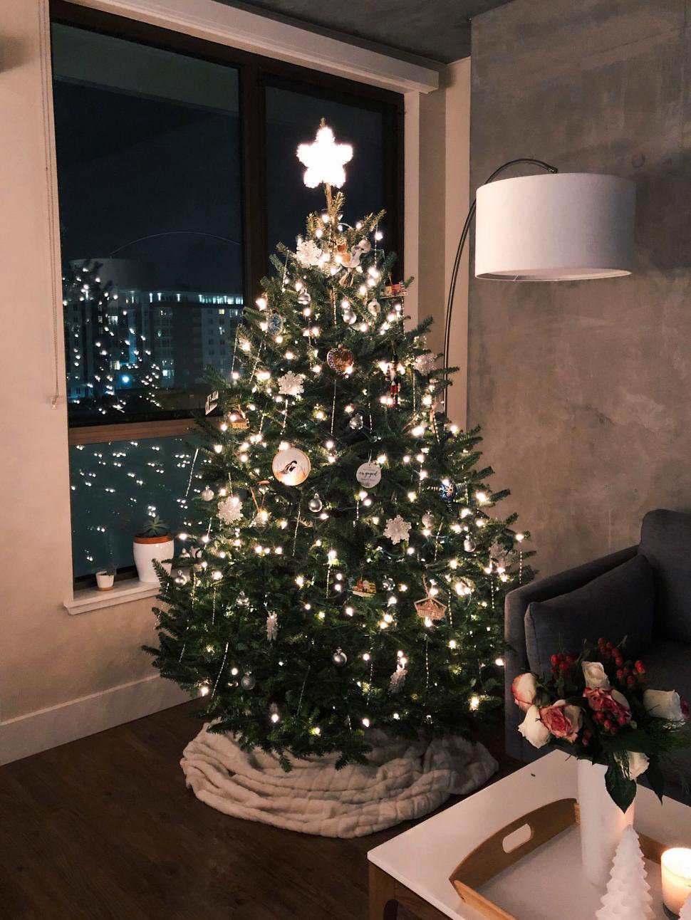 Free Image of Indoor Christmas tree beautifully lit at night 