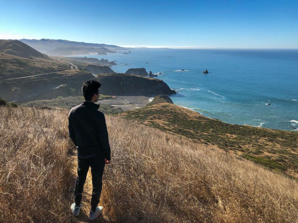 Free Image of Man Overlooking Pacific Coast from Hilltop 