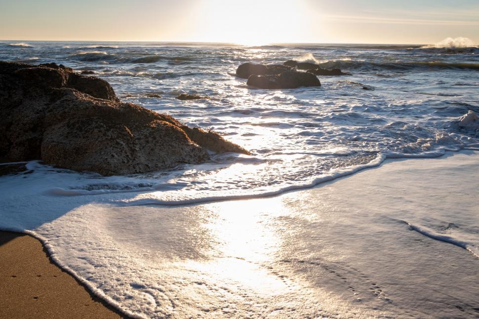 Free Image of Golden sunset over frothy beach waves 