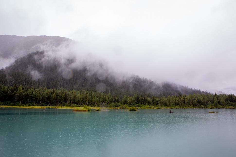 Free Image of Misty lake view with a forest in the background 