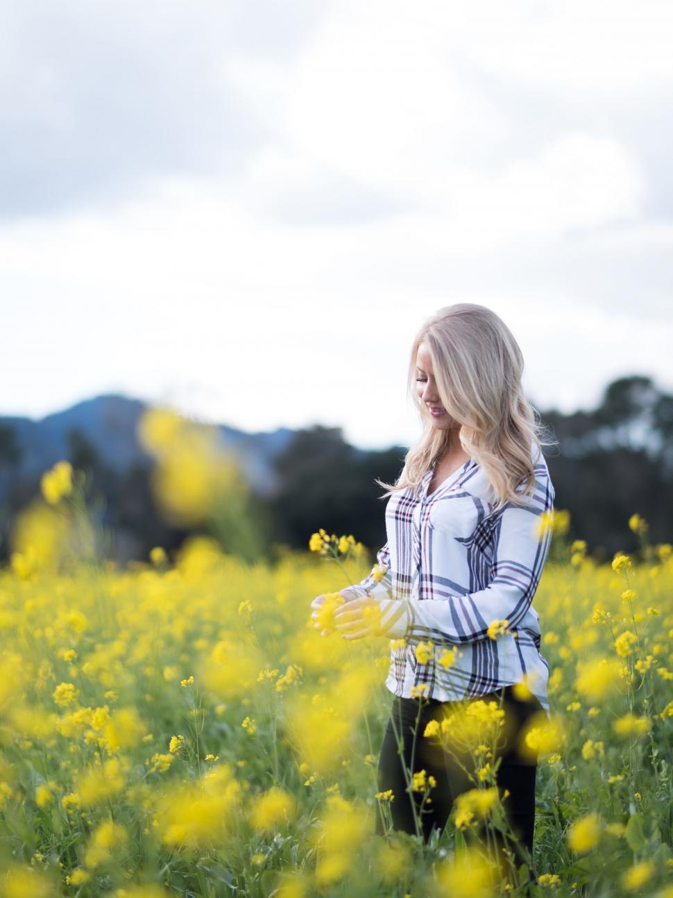 Free Image of Woman standing in a blooming canola field 