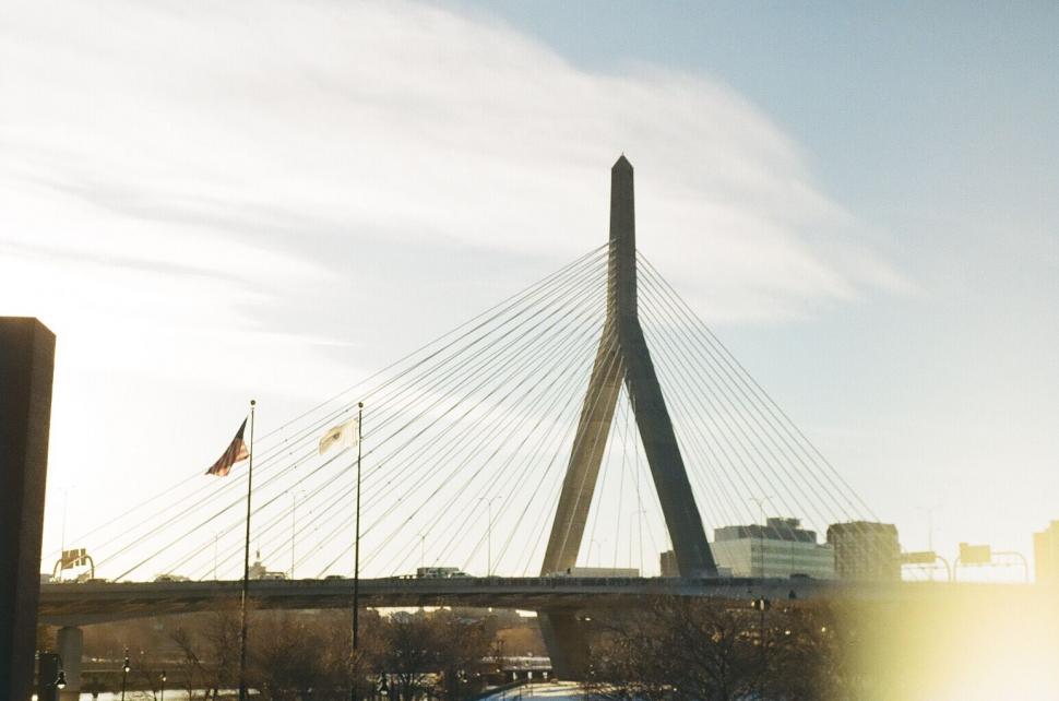 Free Image of Bridge with suspension cables against sky 