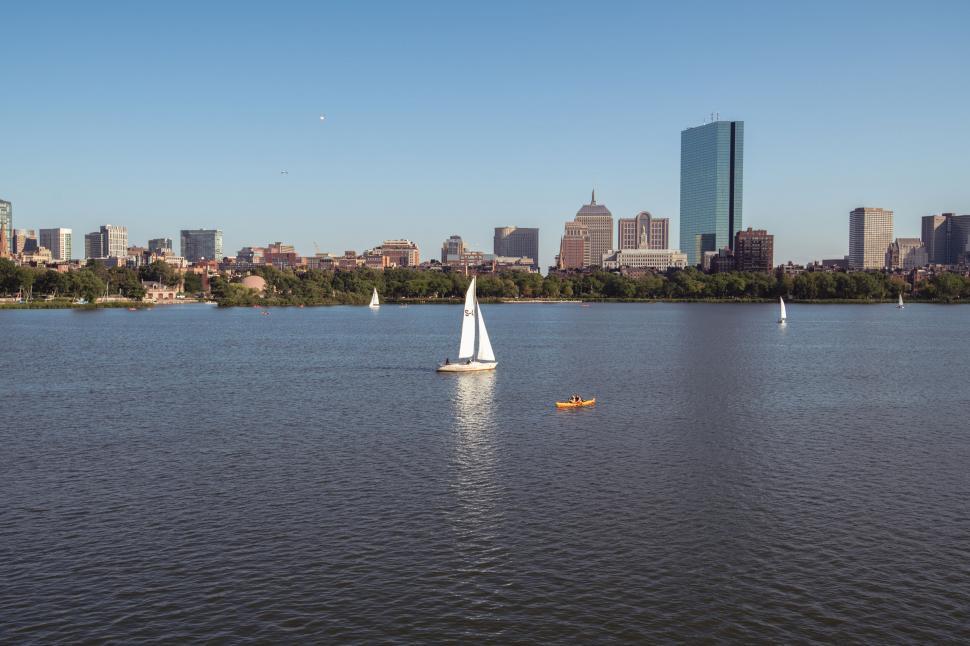 Free Image of Sailing boats on river with urban skyline 