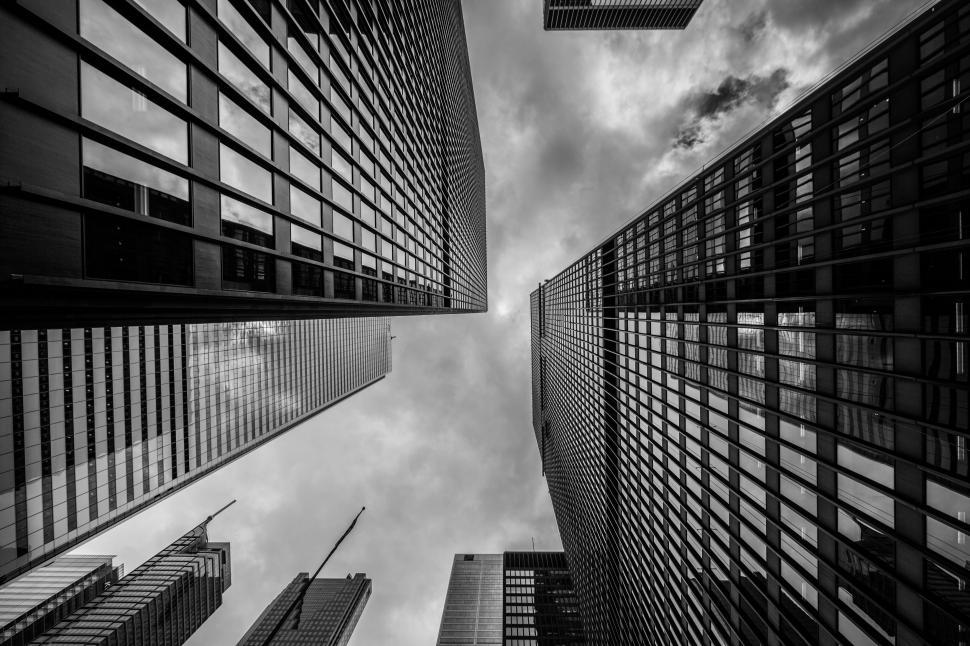Free Image of Abstract view of skyscrapers in B&ampW 