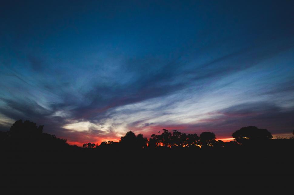 Free Image of Dramatic sunset over silhouetted treeline 