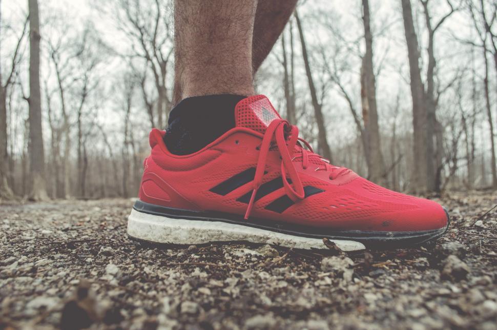 Free Image of Close-up of a red sneaker on a trail 