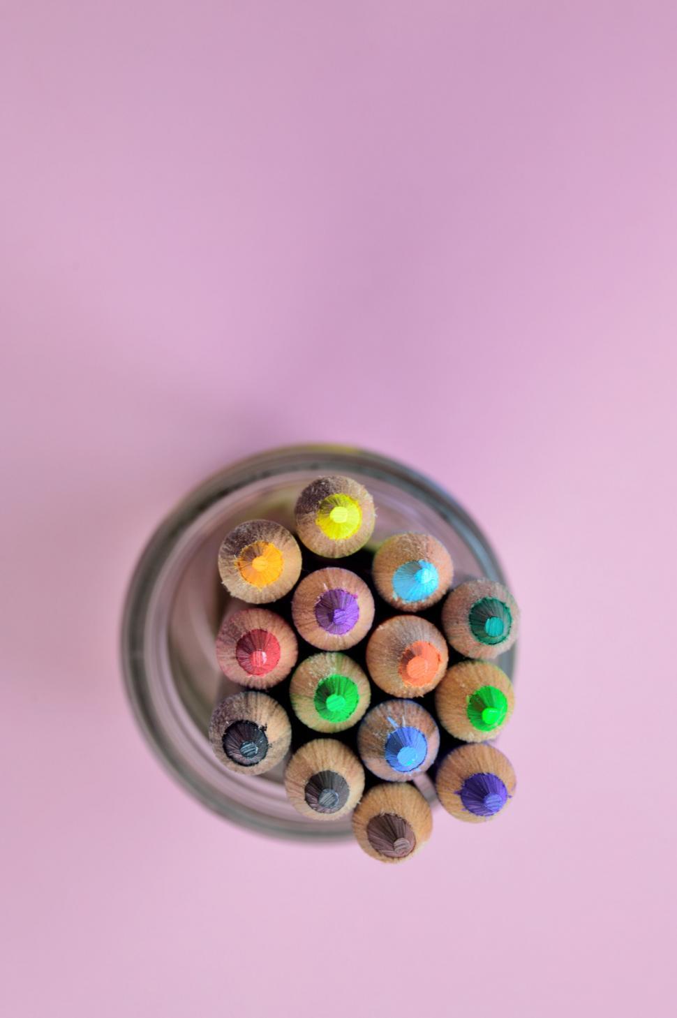 Free Image of Overhead view of colored pencils in a jar 