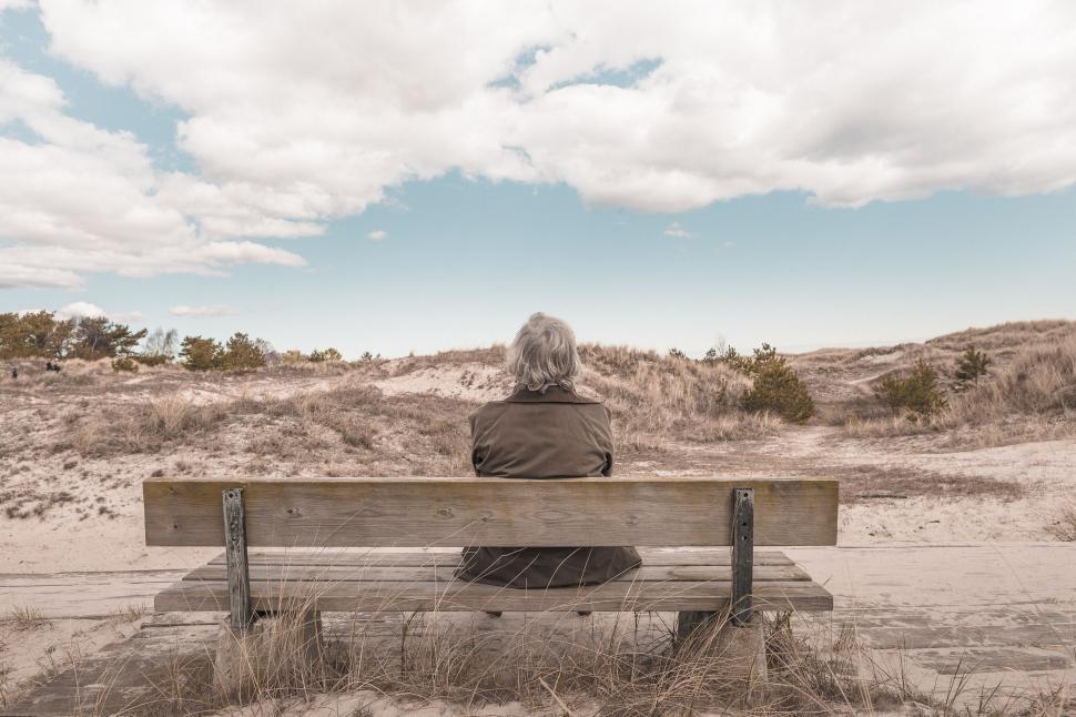 Free Image of Person sitting on bench overlooking dunes 