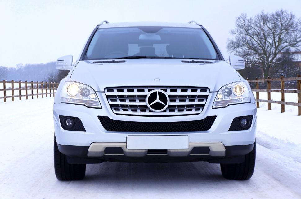 Free Image of Front close-up of a luxury SUV in the snow 