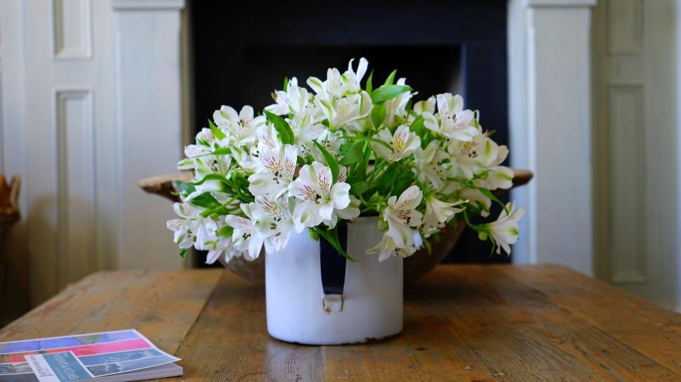 Free Image of White orchids in rustic bucket on table 