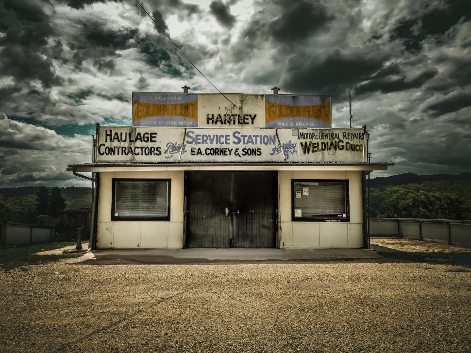 Free Image of Abandoned gas station under a cloudy sky 