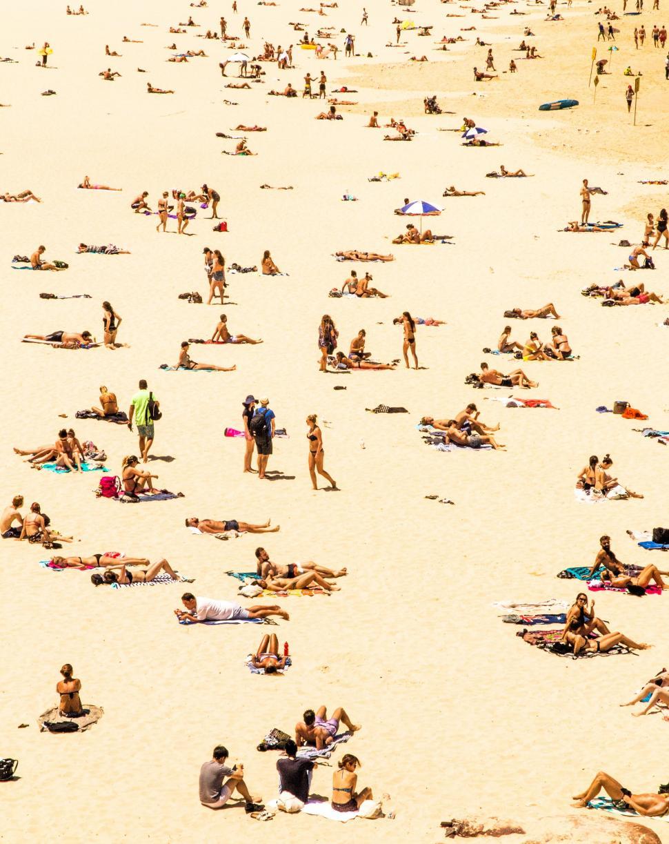 Free Image of Crowded beach scene with sunbathers and umbrellas 