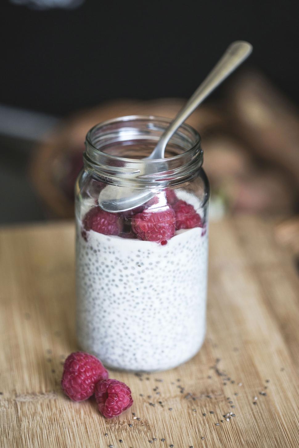 Free Image of Chia pudding in a jar with raspberries 