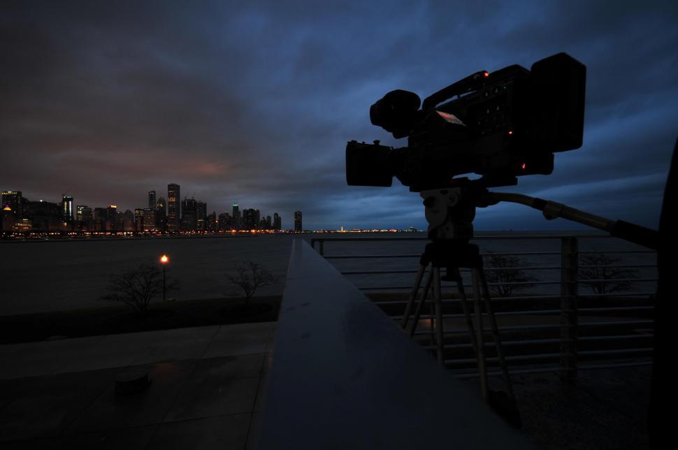 Free Image of Video camera taping Chicago skyline 