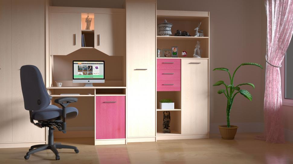 Free Image of Home office with pink storage and computer 
