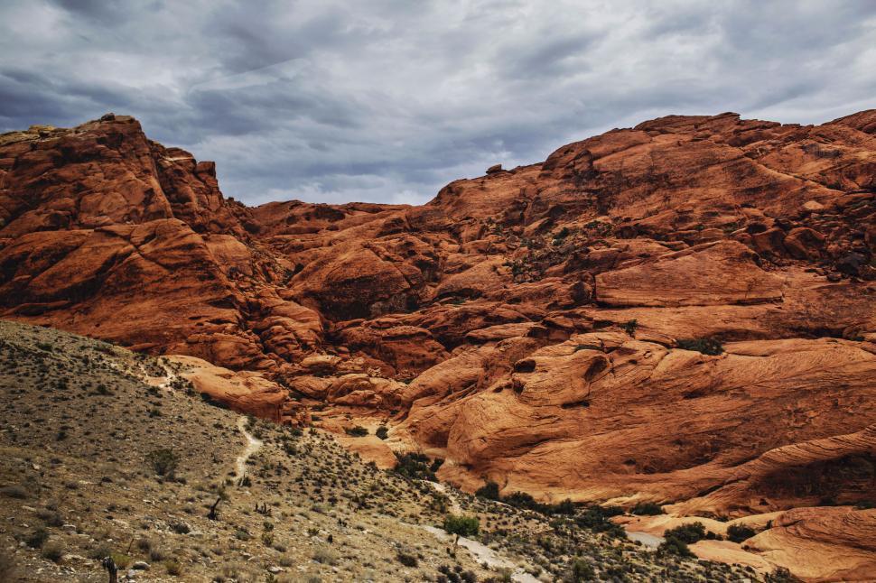 Free Image of Red rock formations under a stormy sky 