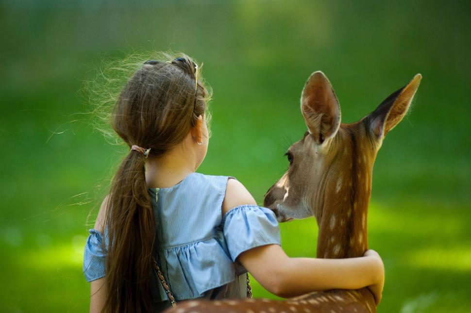Free Image of Little girl whispering to a deer in greenery 