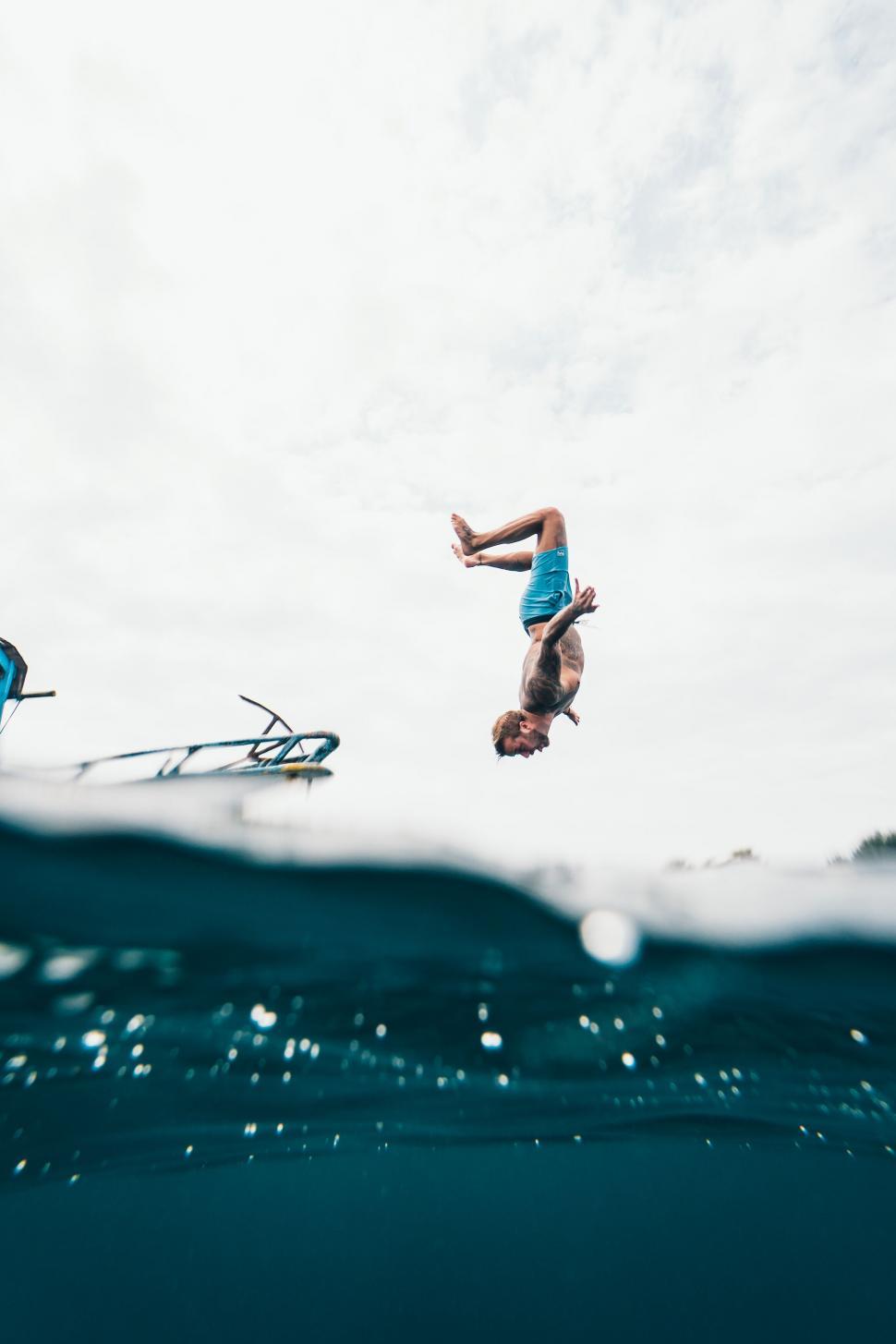 Free Image of Person flipping into water from boat 