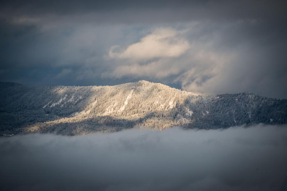 Free Image of Snowy mountain peak rising above clouds 