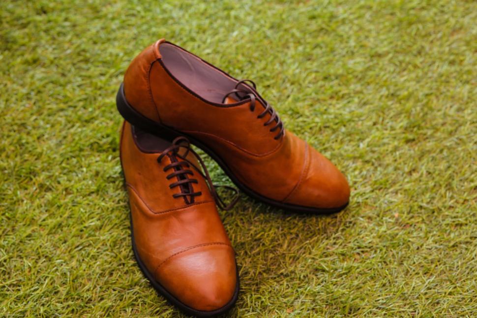 Free Image of Brown leather shoes on green grass 