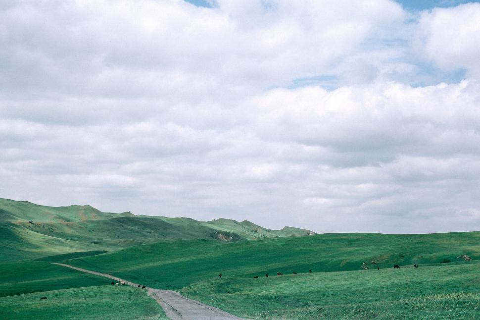 Free Image of Rolling green hills under a cloudy sky with path 