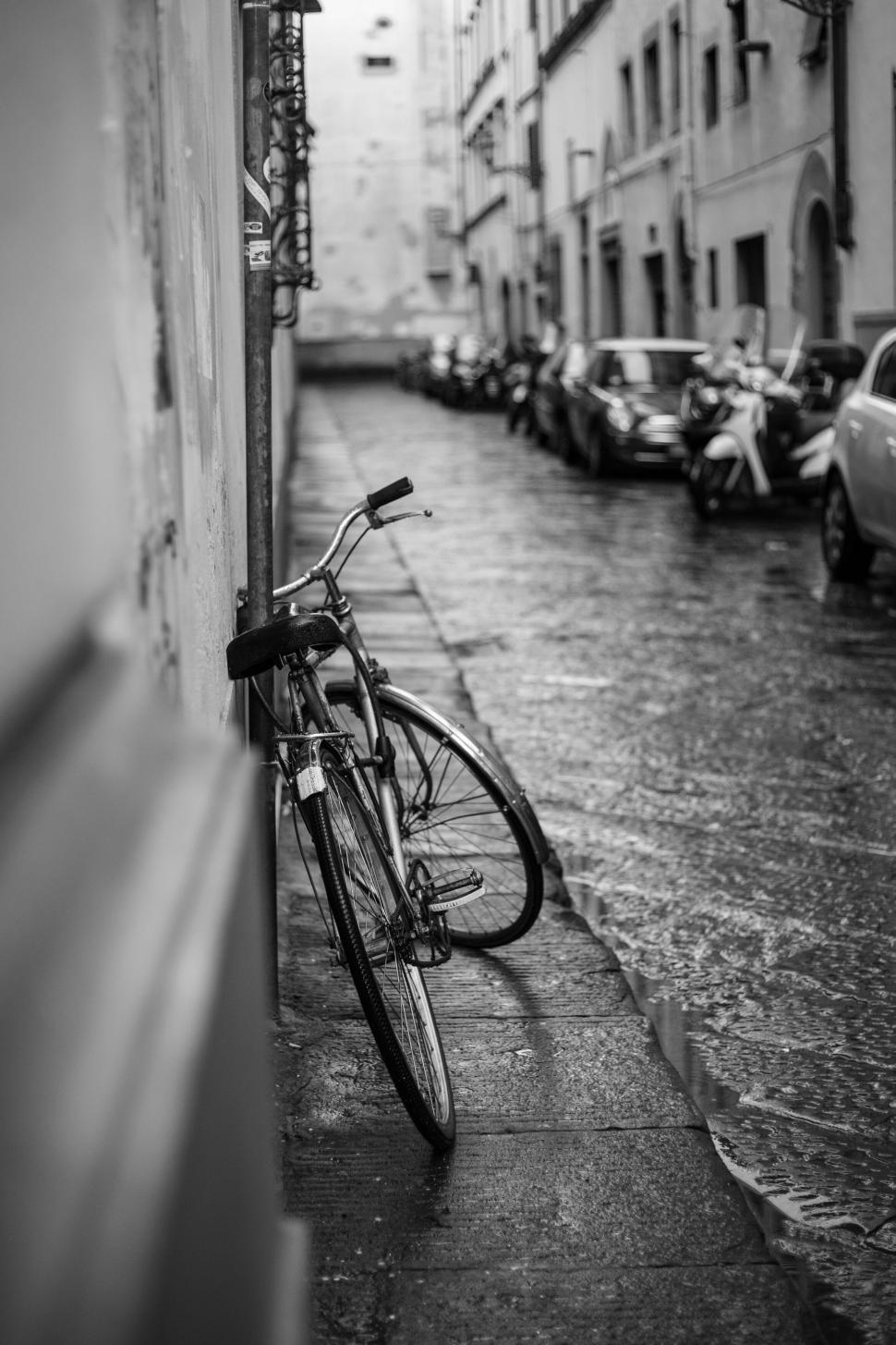 Free Image of Vintage bicycle on wet cobblestone street 