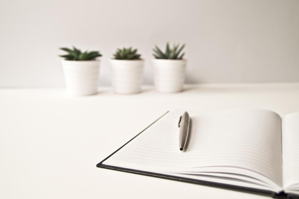 Free Image of Minimalist desk with plant and notebook 