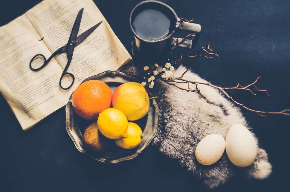 Free Image of Vintage still life with citrus fruits and eggs 