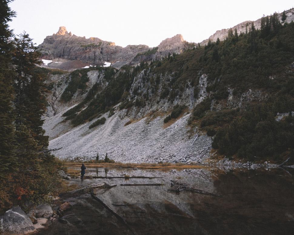 Free Image of Hiker near mountain pond at dusk 