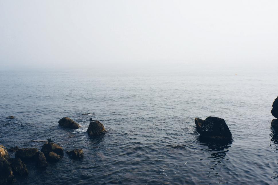 Free Image of Minimalist seascape with rocks and foggy horizon 