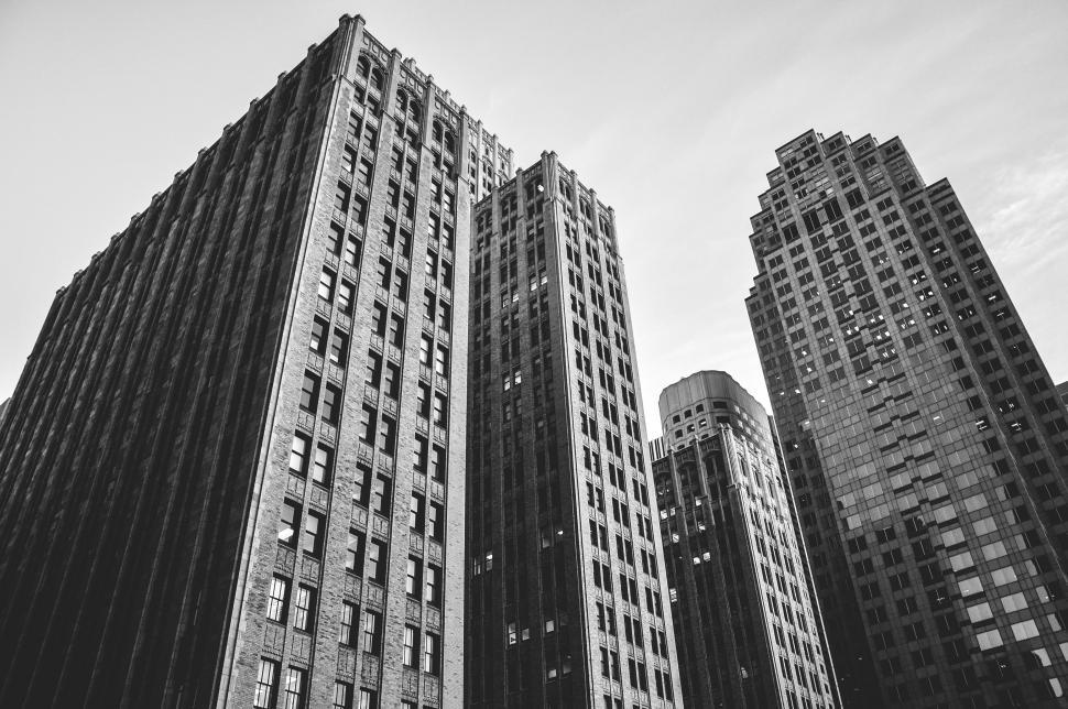 Free Image of Black and white photo of tall buildings 