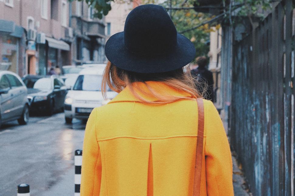 Free Image of Woman in yellow coat and black hat 