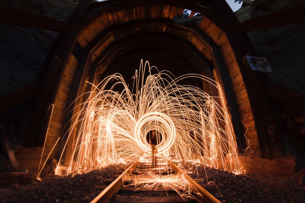 Free Image of Steel wool spinning in abandoned tunnel 