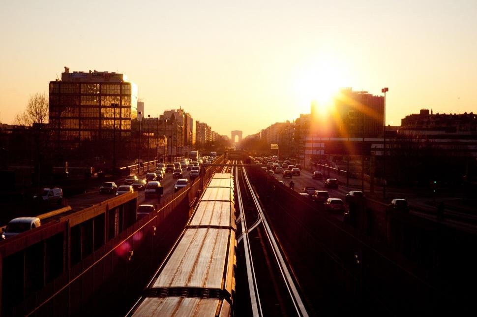 Free Image of Urban sunset over train tracks 