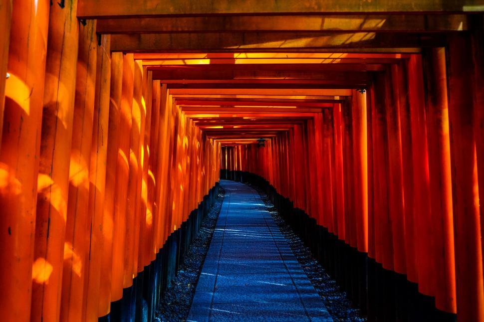 Free Image of Red torii gates path in traditional style 