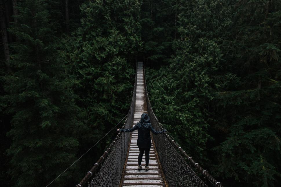 Free Image of Person crossing a suspension bridge 