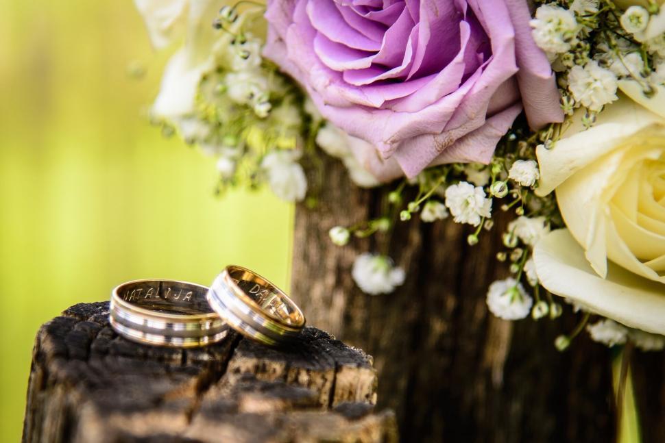 Free Image of Wedding rings on a wood stump with flowers 