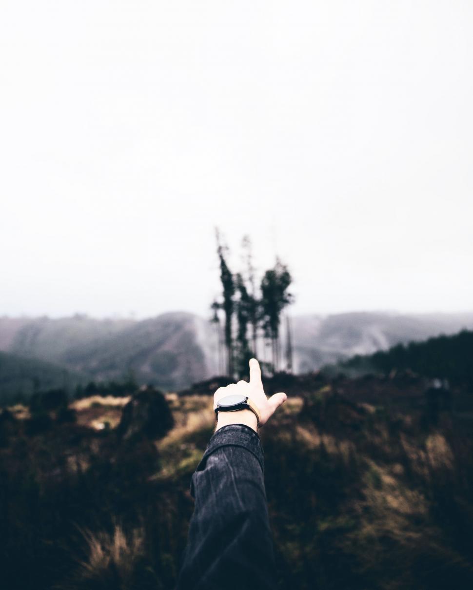 Free Image of Person reaching towards a distant forest 