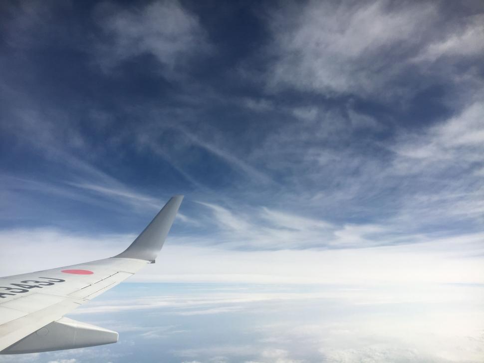 Free Image of Airplane wing over cloudy skies 