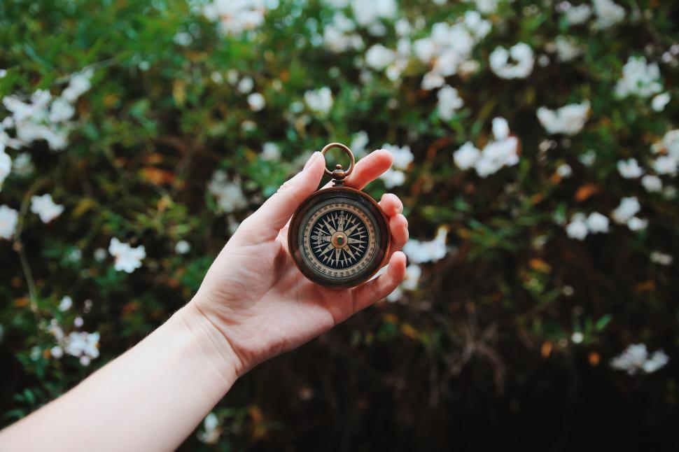 Free Image of Hand holding compass against natural backdrop 