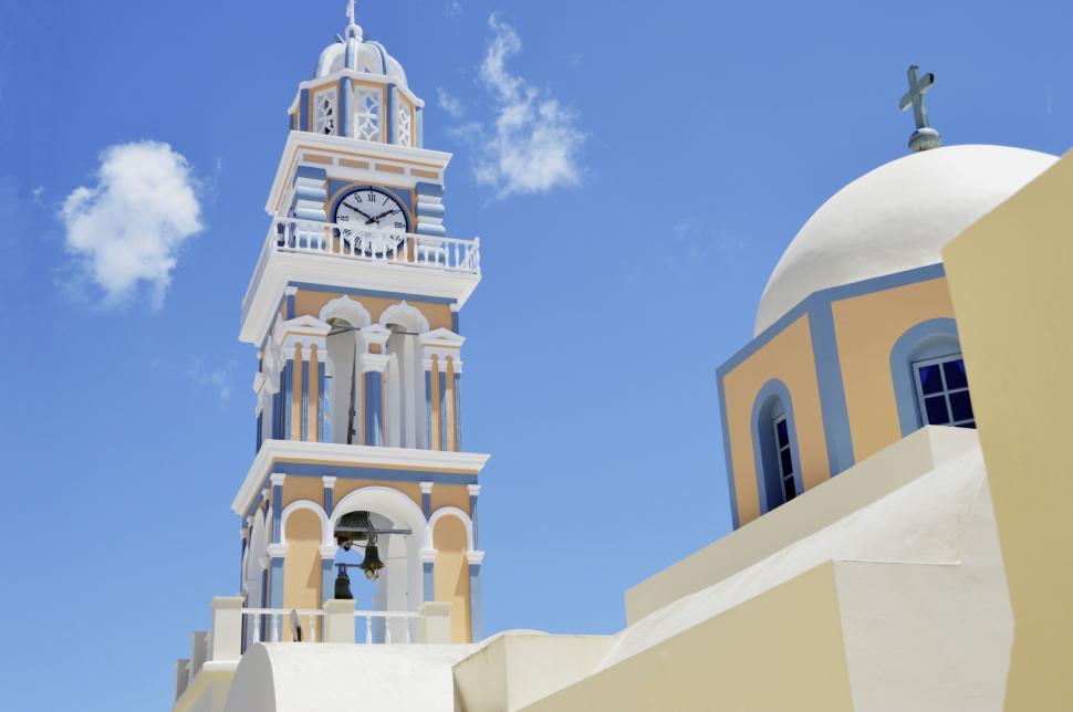 Free Image of Traditional Greek church with clock tower 
