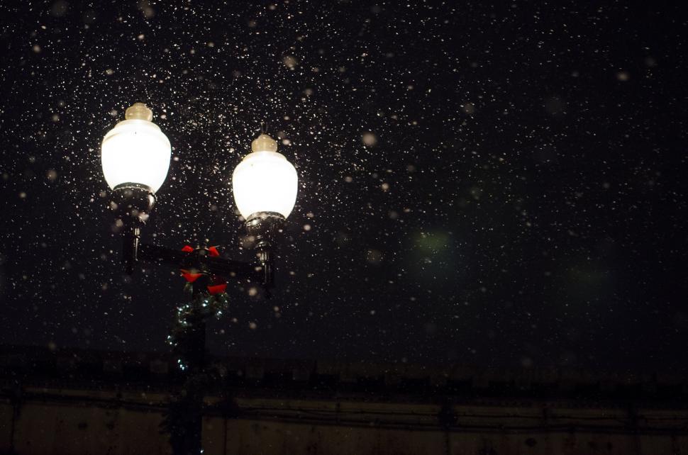 Free Image of Street lamps glowing in a snowy night 