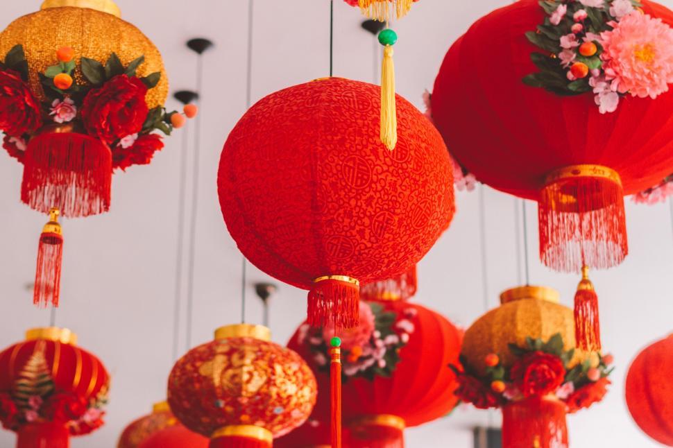 Free Image of Chinese red lanterns decoration close-up 