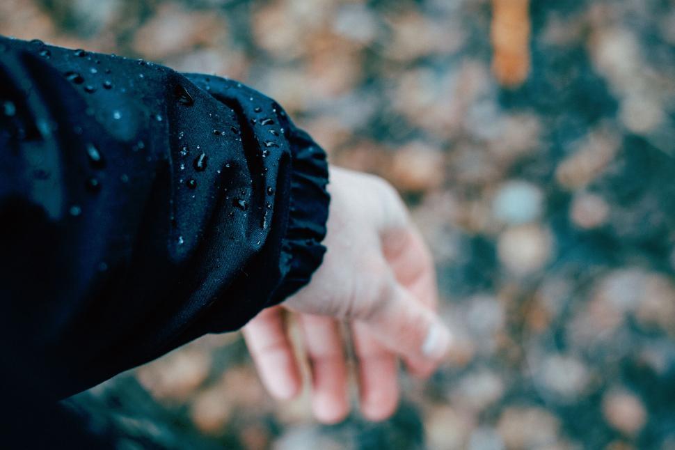 Free Image of Hand with Water Droplets on a Jacket Sleeve 