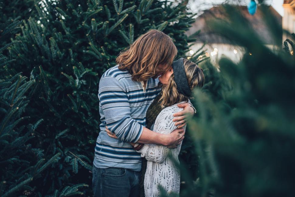 Free Image of Couple embracing amidst Christmas trees 