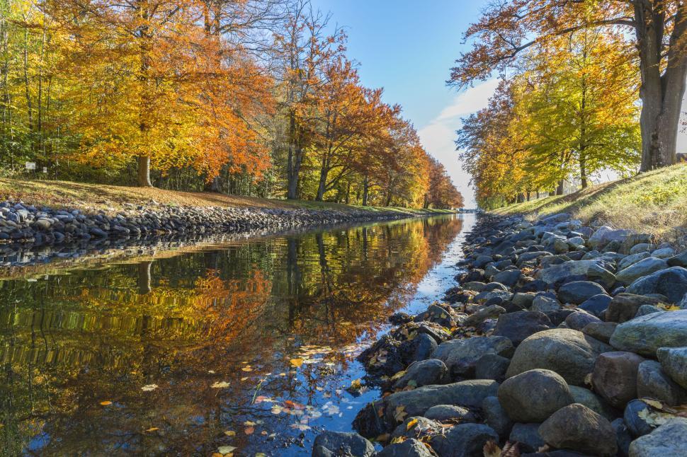 Free Image of Autumn colors reflected in forest canal 