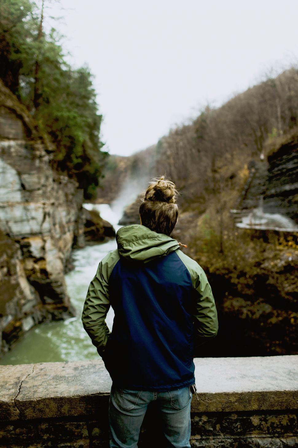 Free Image of Person overlooking a forested gorge 